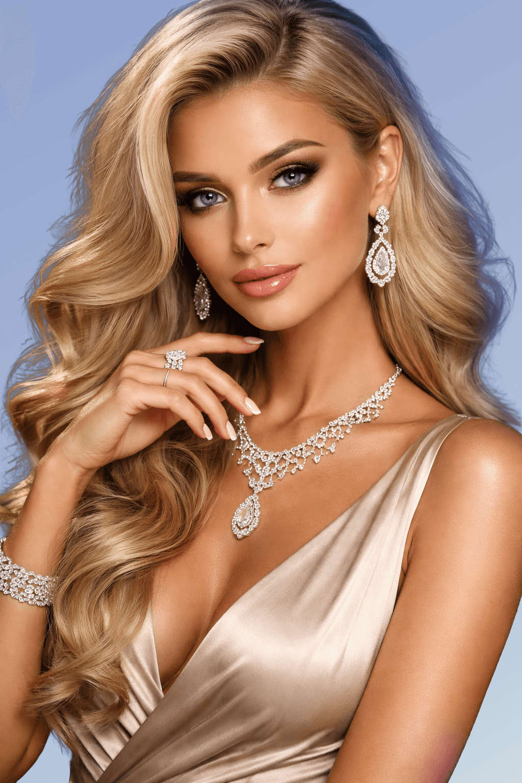 High-end fashion model retouch, flawless skin and studio lighting